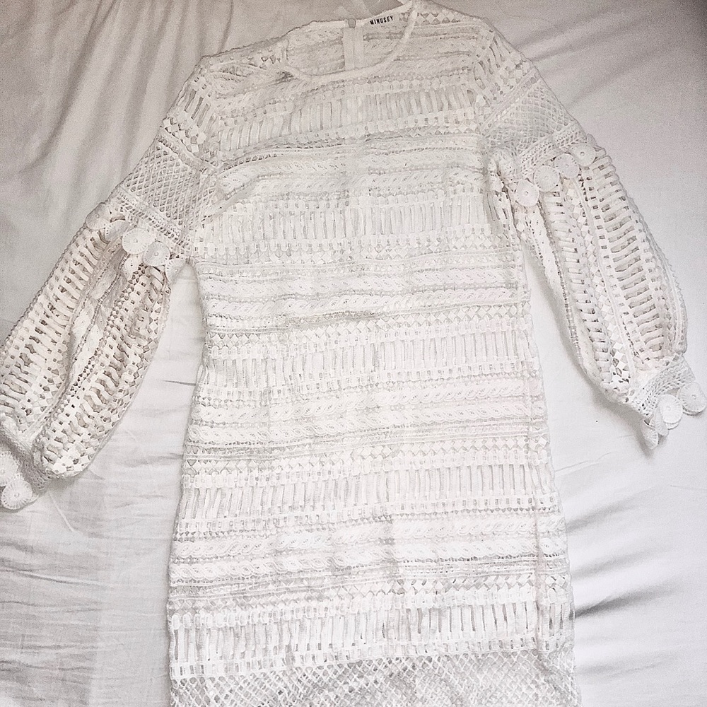 White overlay lace midi dress w/ long puff sleeves